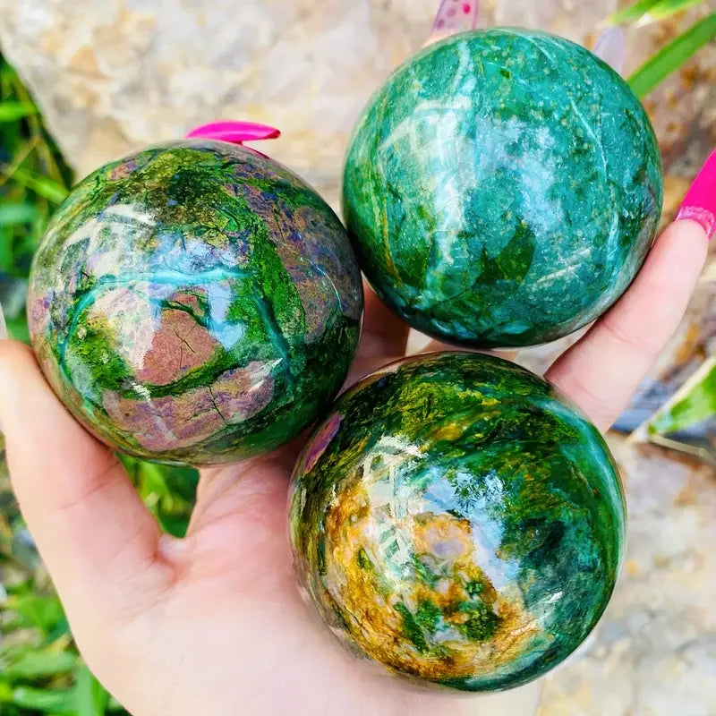 Boule Cristal Guérison Corindon Rouge Naturel - Pierre Feng Shui Décoration Maison Cadeau Barklyite Army Green 6-8cm