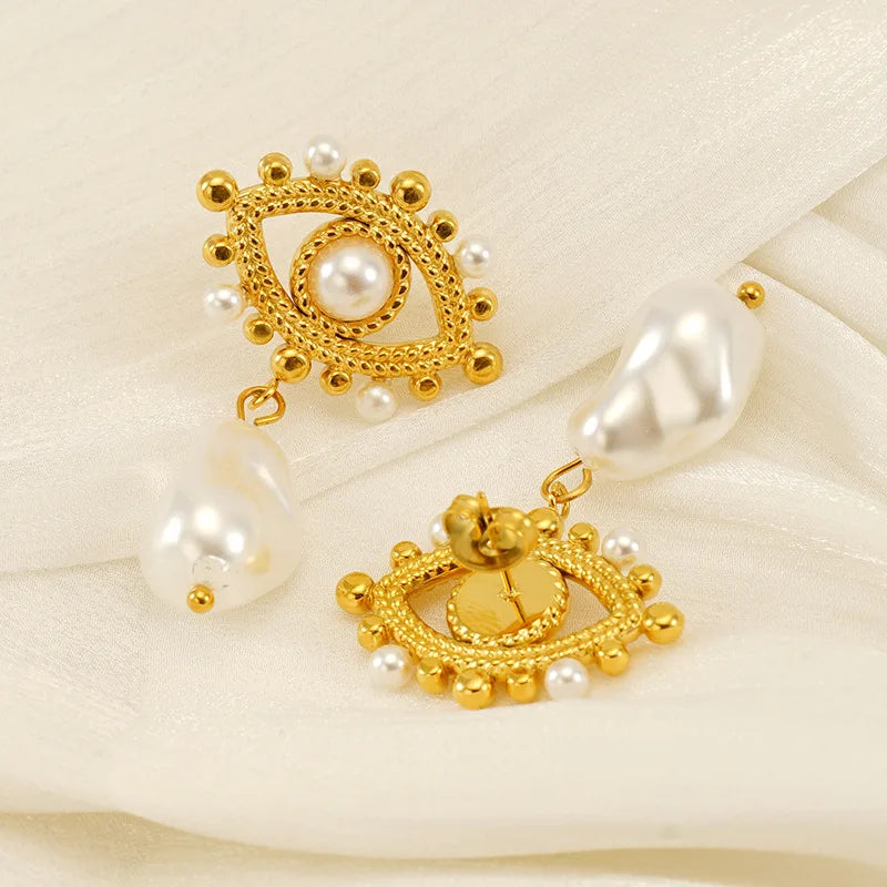 Boucles d'Oreilles Œil Divin & Perle | Bijoux Tendance Femme Plaqué Or