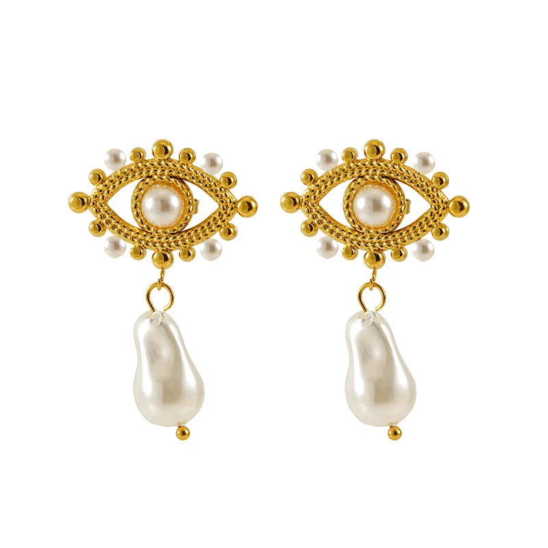 Boucles d'Oreilles Œil Divin & Perle | Bijoux Tendance Femme Plaqué Or
