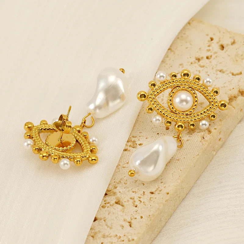 Boucles d'Oreilles Œil Divin & Perle | Bijoux Tendance Femme Plaqué Or