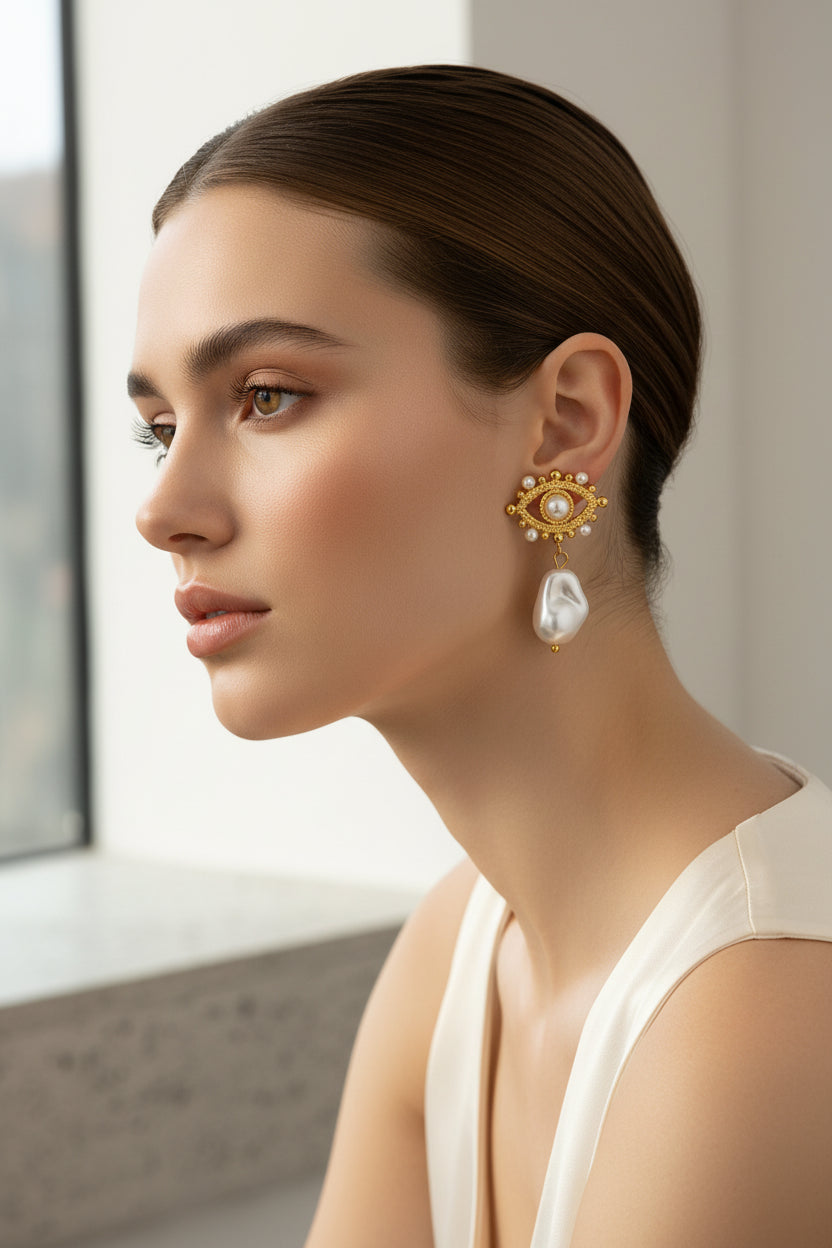 Boucles d'Oreilles Œil Divin & Perle | Bijoux Tendance Femme Plaqué Or
