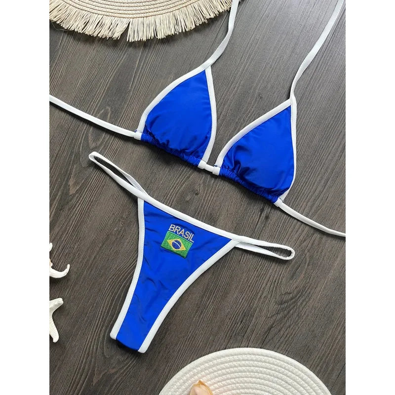 Bikini Brésilien Brodé | Ensemble Maillot de Bain Femme Patchwork Deux Pièces