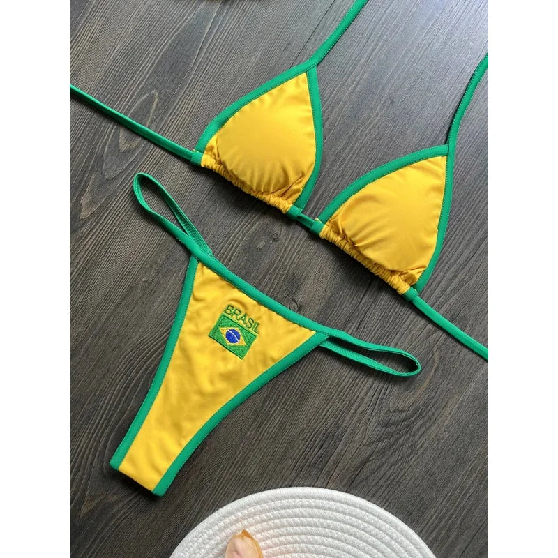 Bikini Brésilien Brodé | Ensemble Maillot de Bain Femme Patchwork Deux Pièces