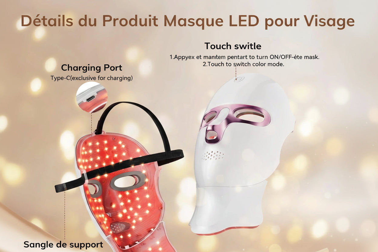 Masque LED Thérapie Lumière Rouge Visage & Cou USB