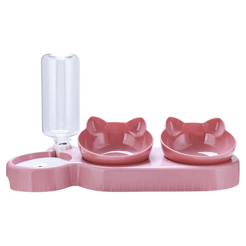 Mangeoire Chat 3 en 1 avec Distributeur d'Eau Automatique - Double Bol Pink