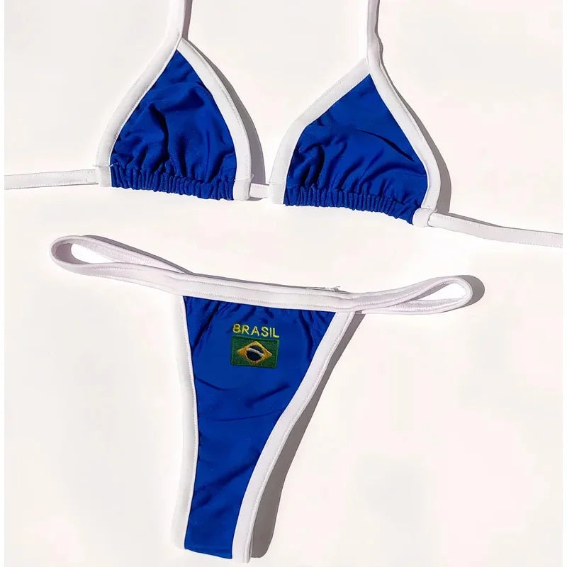Bikini Brésilien Brodé | Ensemble Maillot de Bain Femme Patchwork Deux Pièces