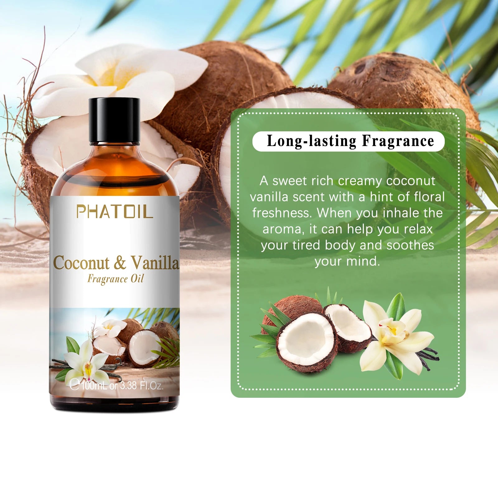 🪅 Huile Parfumée Premium Noix de Coco & Vanille 100ml – Aromathérapie & Bougies