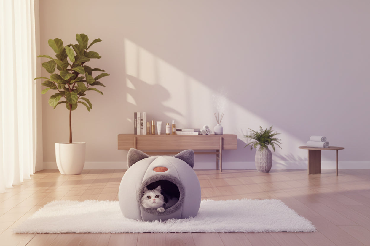 Nid Grotte Luxe pour Chat – Design Tête de Chat Mignon, Chaud & Antidérapant