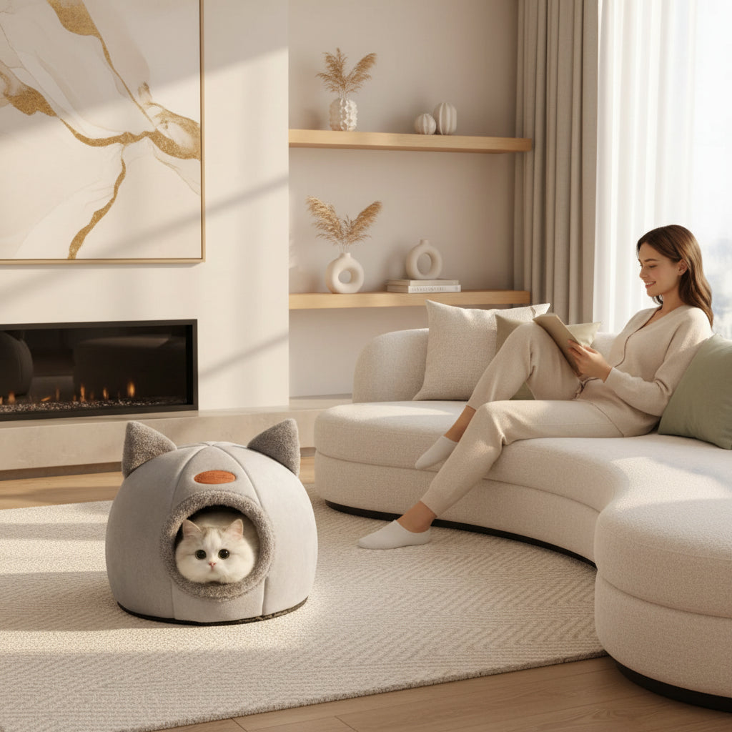 Nid Grotte Luxe pour Chat – Design Tête de Chat Mignon, Chaud & Antidérapant