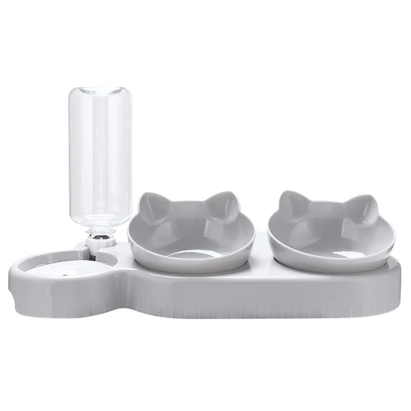Mangeoire Chat 3 en 1 avec Distributeur d'Eau Automatique - Double Bol Grey