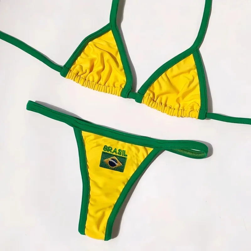 Bikini Brésilien Brodé | Ensemble Maillot de Bain Femme Patchwork Deux Pièces