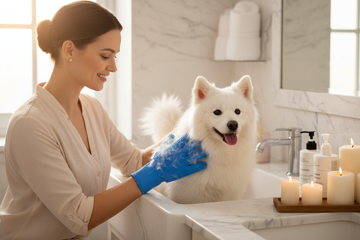 Femme gant bleu chien blanc spa