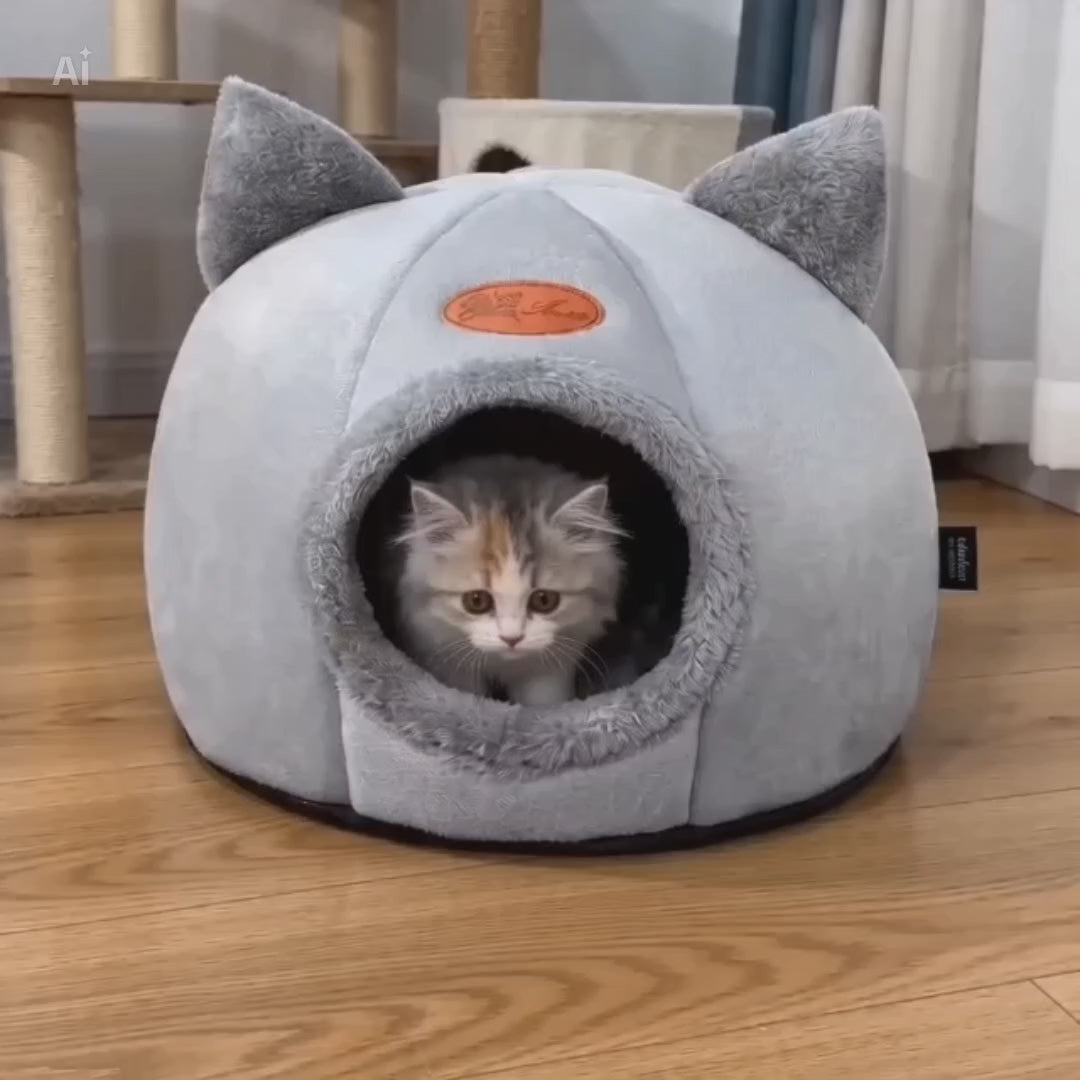 Nid Grotte Luxe pour Chat – Design Tête de Chat Mignon, Chaud & Antidérapant