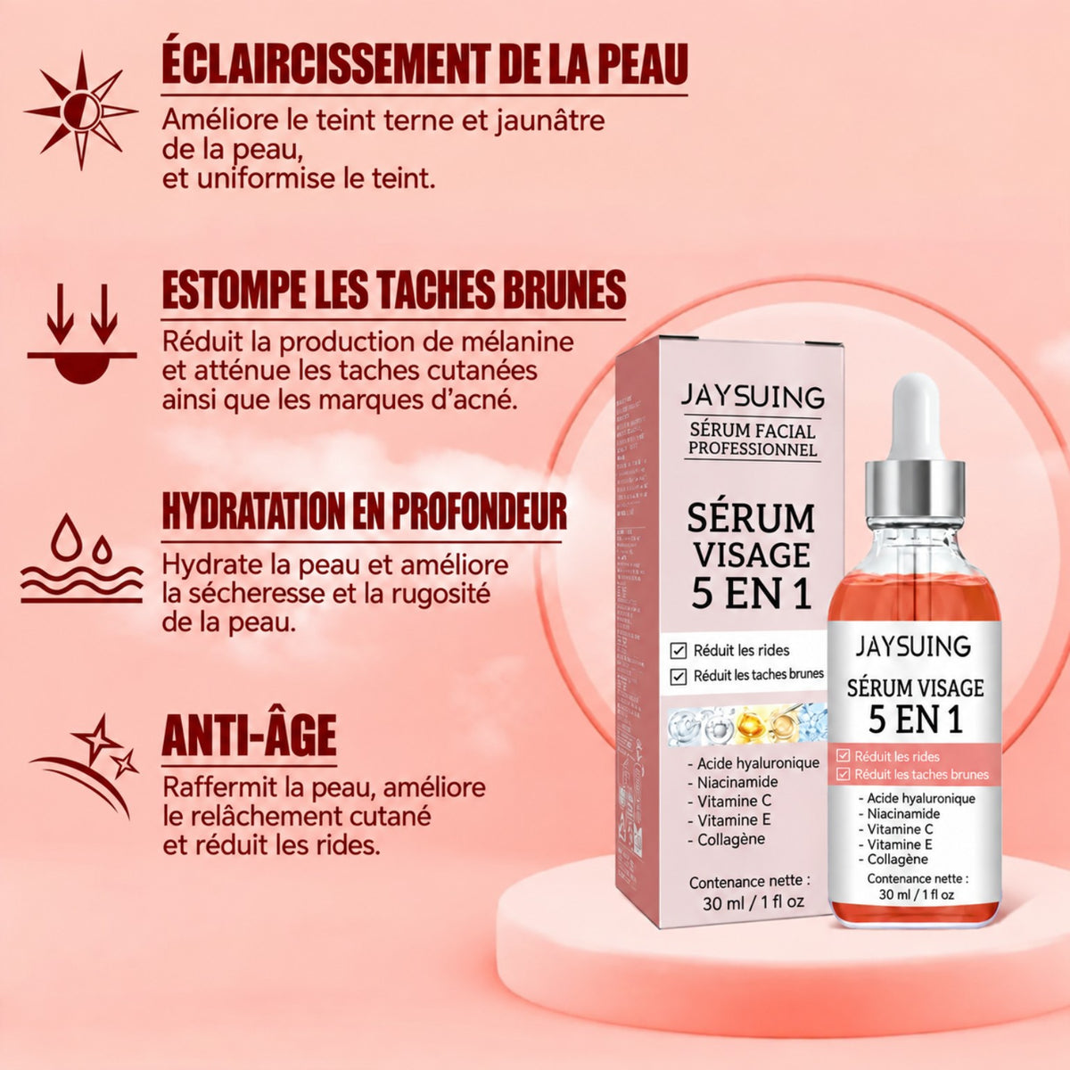 Sérum Visage 5-en-1 — Anti-Rides, Vitamine C & Acide Hyaluronique, Hydratant & Éclaircissant