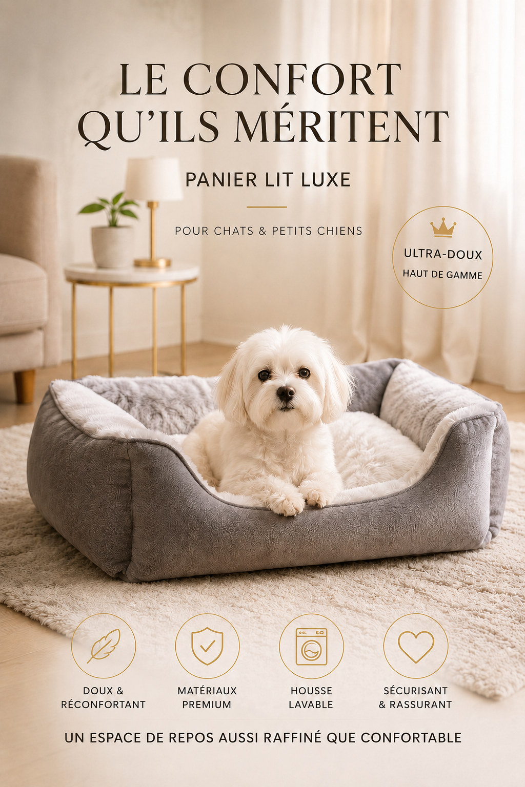 Panier Lit Luxe pour Chat & Chien – Coussin Moelleux Ultra-Doux S/M/L