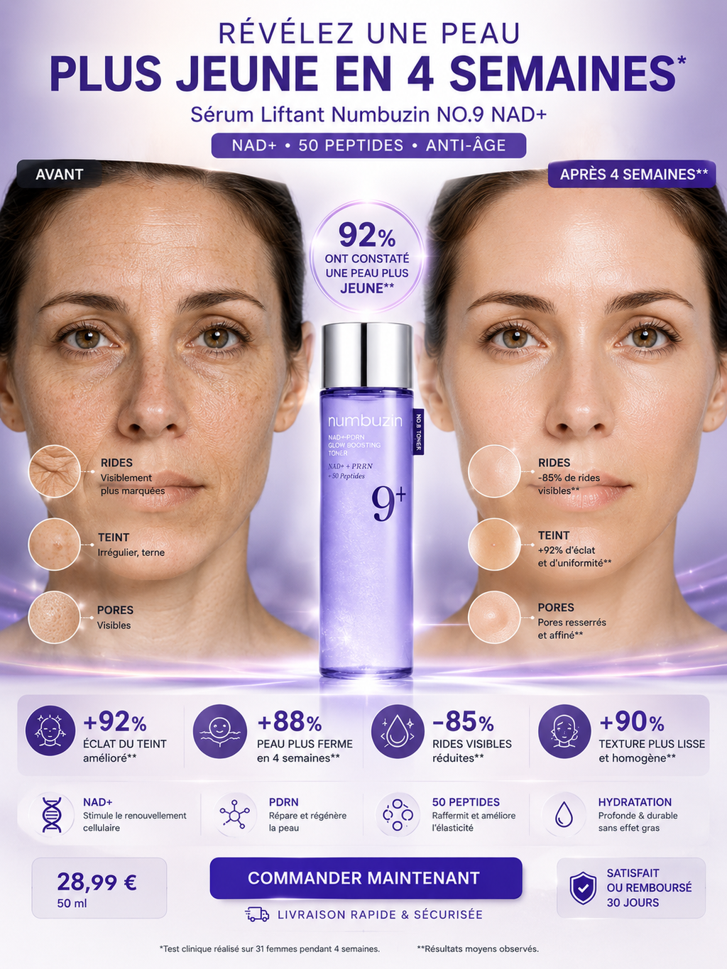 Sérum Liftant Numbuzin NO.9 NAD+ 50ml - Anti-Âge Raffermissant Peptides Corée