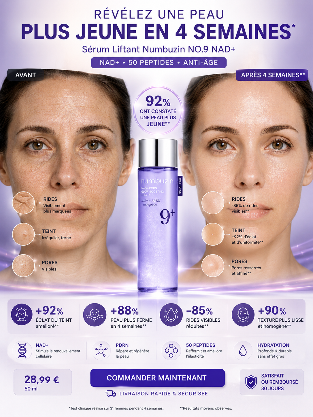 Sérum Liftant Numbuzin NO.9 NAD+ 50ml - Anti-Âge Raffermissant Peptides Corée