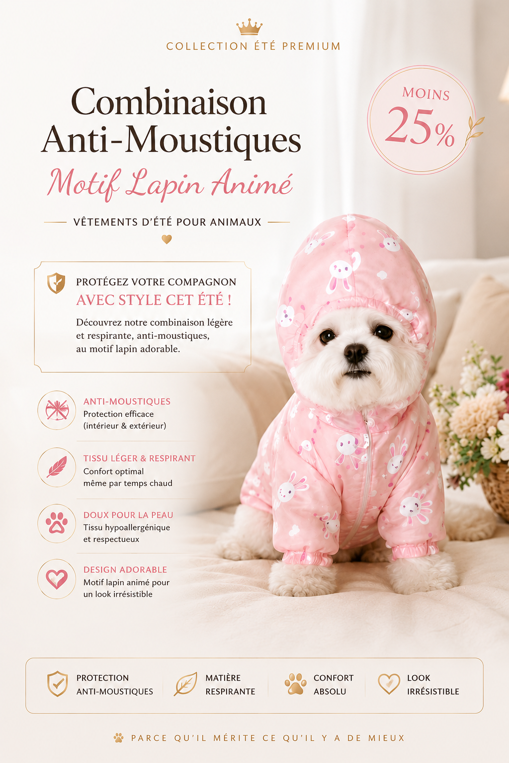 Combinaison Anti-Moustiques pour Petits Chiens – Motif Lapin Animé | Vêtements d'Été pour Animaux