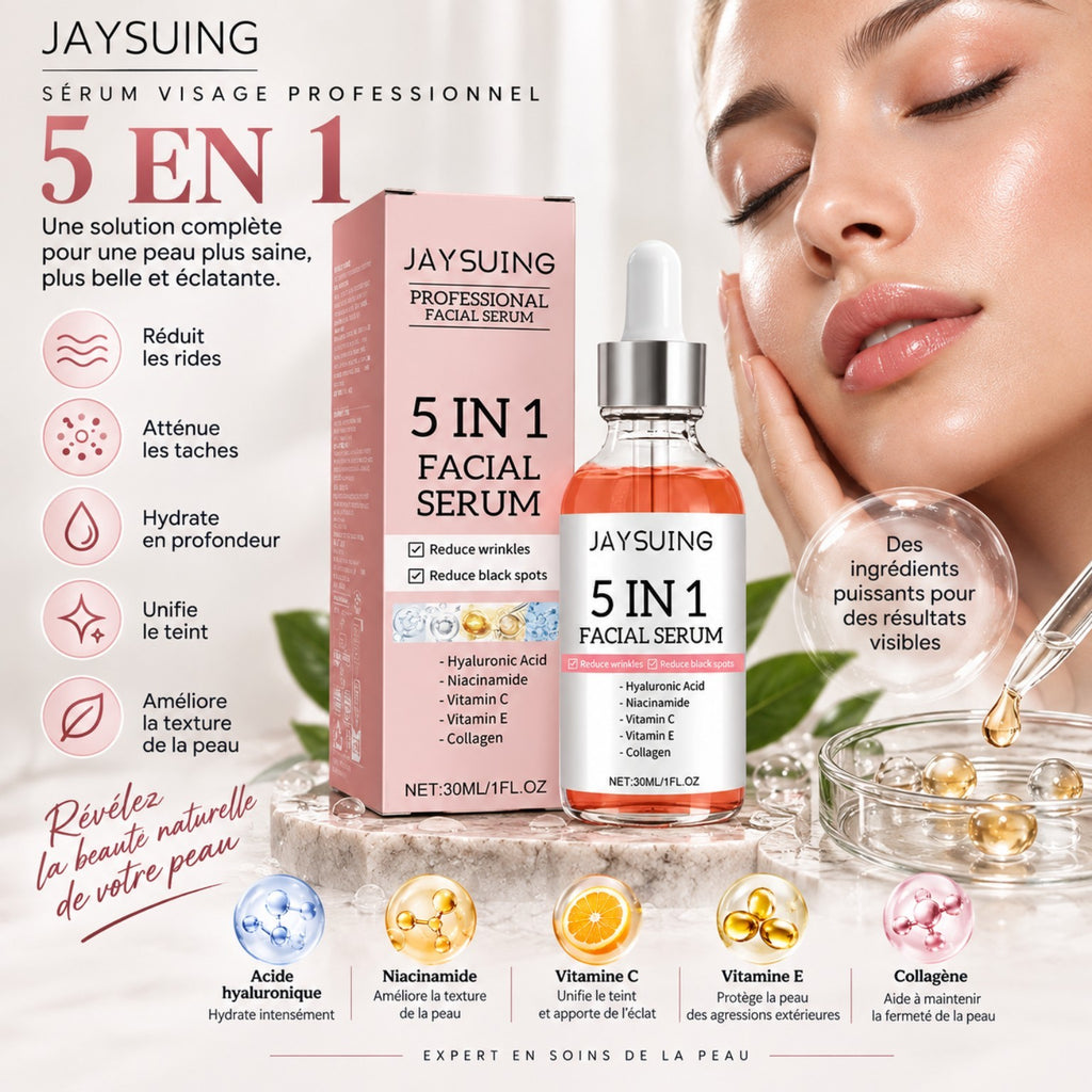 Sérum Visage 5-en-1 — Anti-Rides, Vitamine C & Acide Hyaluronique, Hydratant & Éclaircissant