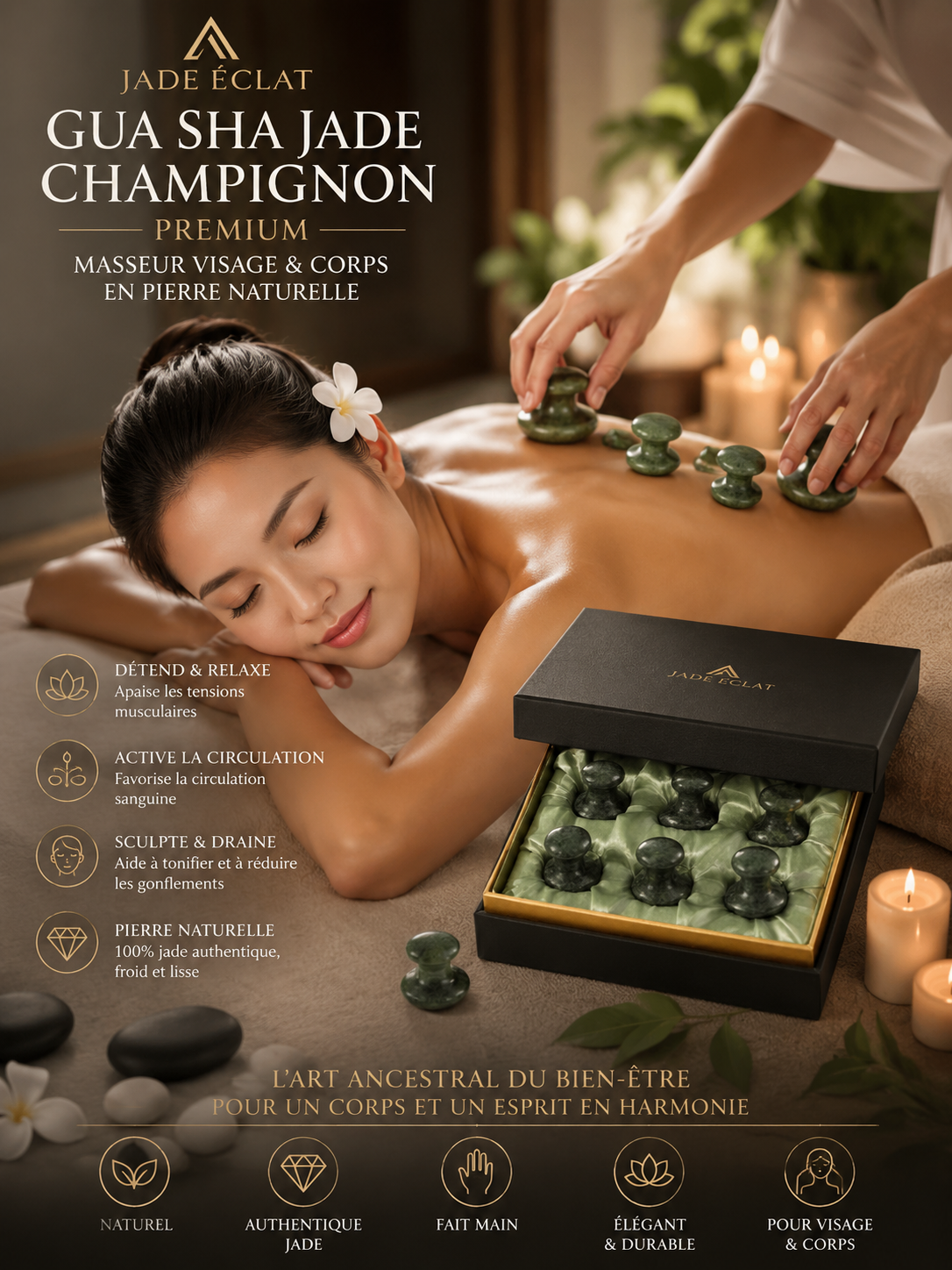 Gua Sha Jade Champignon Premium - Masseur Visage & Corps en Pierre Naturelle