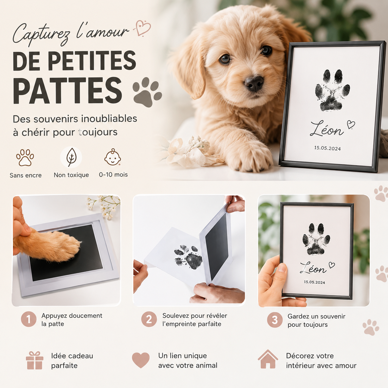 Kit d'Empreintes Bébé & Animal — Sans Encre, Non Toxique, 0-10 Mois