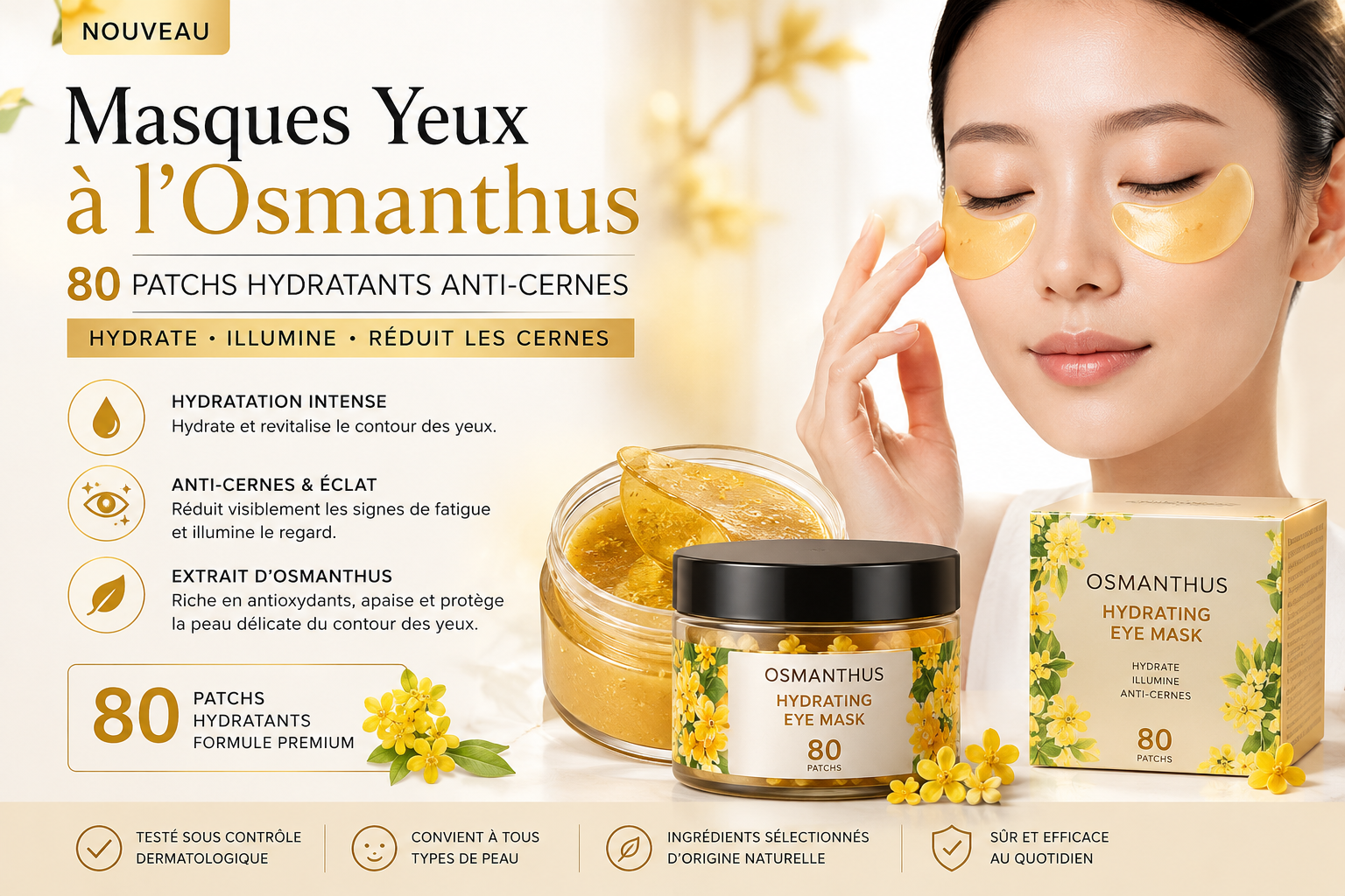 Masques Yeux à l'Osmanthus - 80 Patchs Hydratants Anti-Cernes