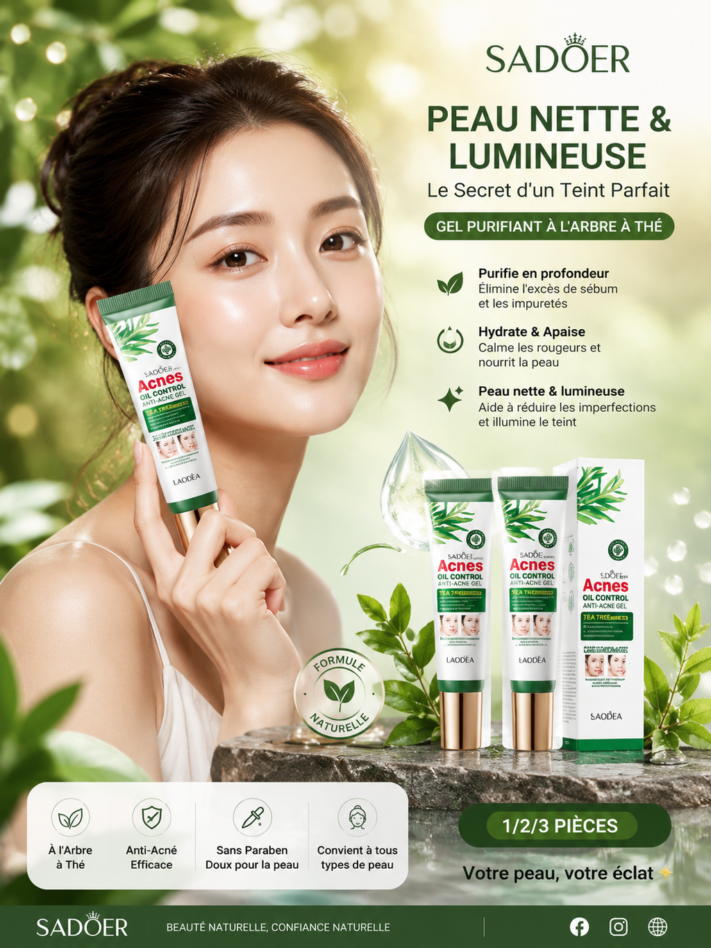 SADOER | Gel Purifiant à l'Arbre à Thé ✨ Soin Anti-Acné & Hydratant – 1/2/3 Pièces