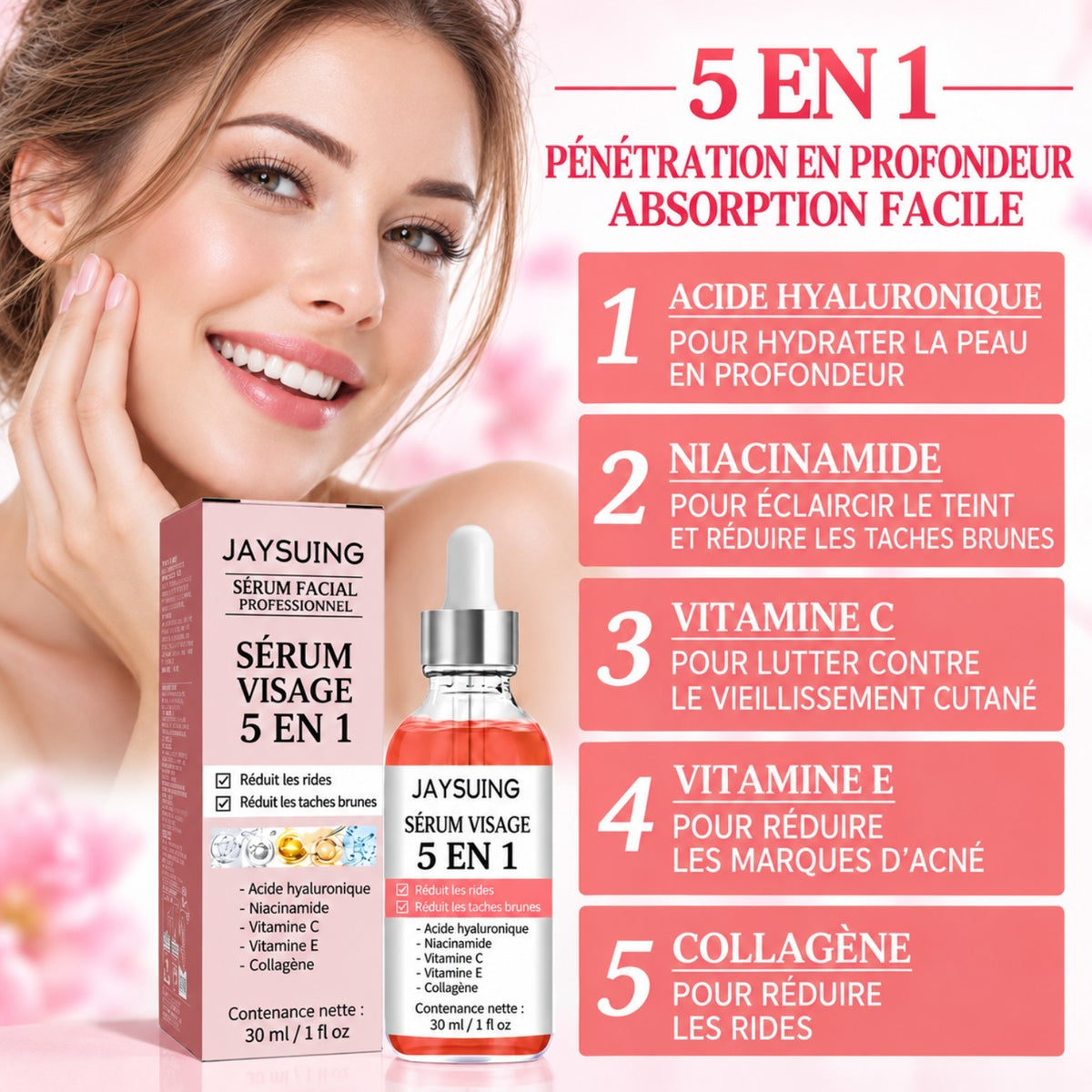 Sérum Visage 5-en-1 — Anti-Rides, Vitamine C & Acide Hyaluronique, Hydratant & Éclaircissant