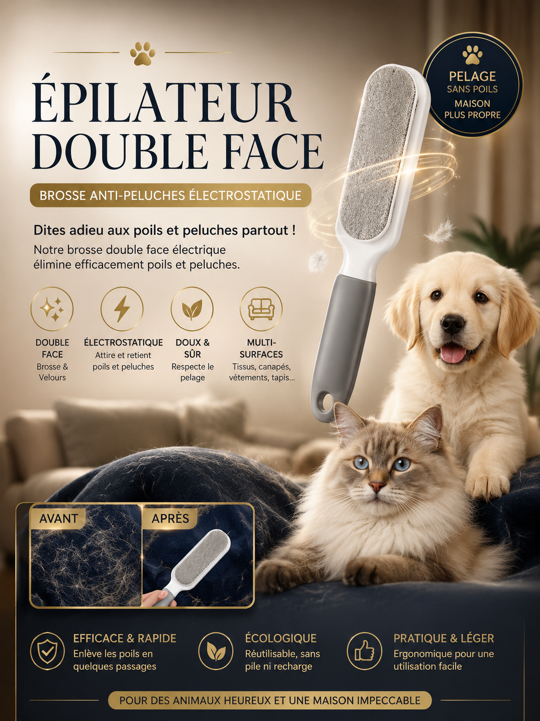 🐾 Épilateur Double Face pour Animaux – Brosse Anti-Peluches Électrostatique