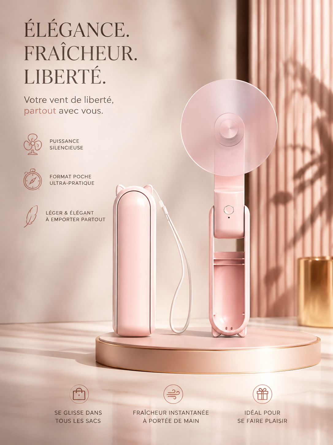 Mini ventilateur portable, rechargeable par USB, ventilateur portatif pliable réglable à 3 vitesses, adapté aux femmes, aux voyages et aux usages en extérieur
