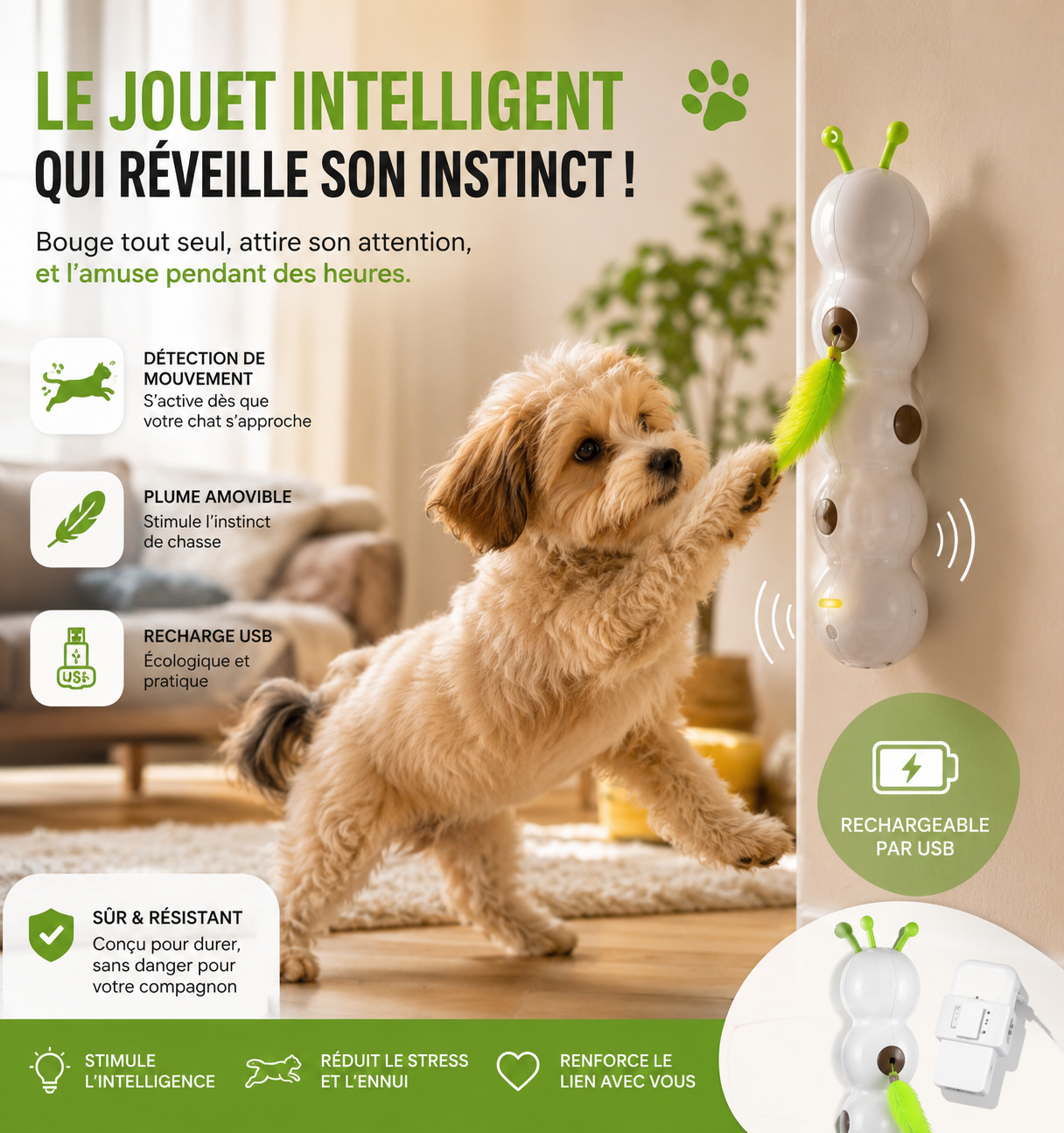 Jouet Interactif Premium pour Chat & Petit Chien – Détection de Mouvement & Recharge USB