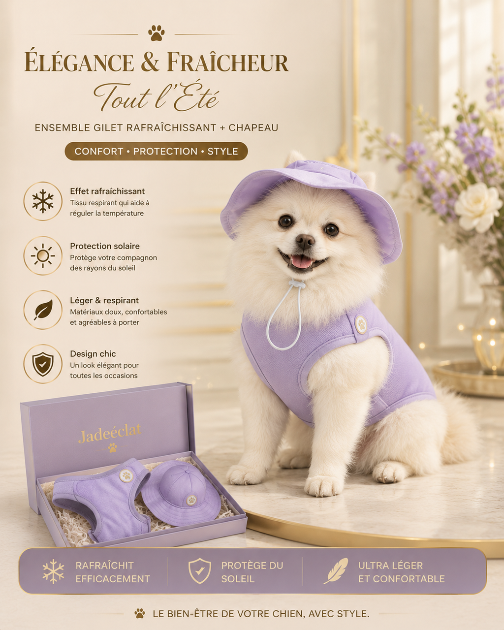 Ensemble Gilet Rafraîchissant pour Chien & Chat — Chapeau + Veste Respirante, Protection Solaire Été