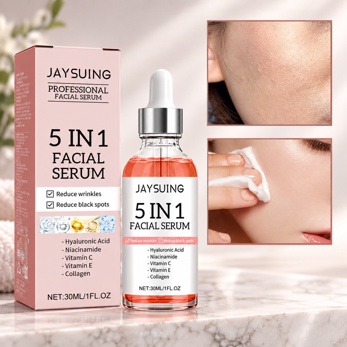 Sérum Visage 5-en-1 — Anti-Rides, Vitamine C & Acide Hyaluronique, Hydratant & Éclaircissant