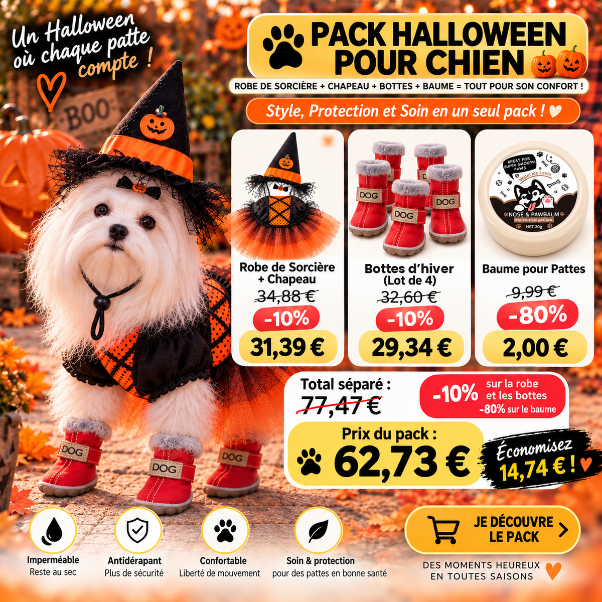 Pack Halloween Chien & Chat – Robe Sorcière + Bottes de Neige + Baume Nez & Pattes